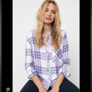 Rails Hunter White Sky Pink‎ Plaid Button-Up Shirt Western Chic Hi Low Hem XS